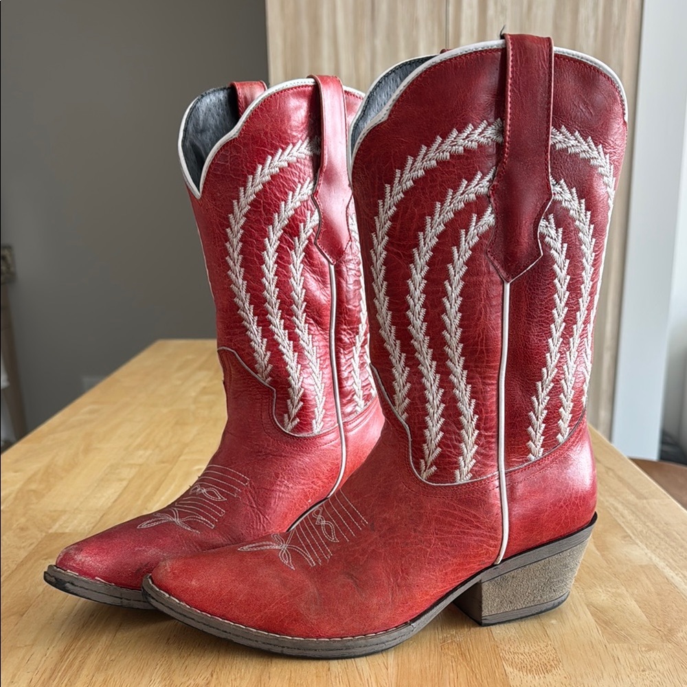 Red Western Cowboy Boots with White Stitching